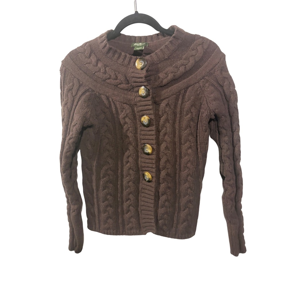 Eddie Bauer Brown Cable Knit Cardigan Wool Blend Chunky Button Front Sweater M